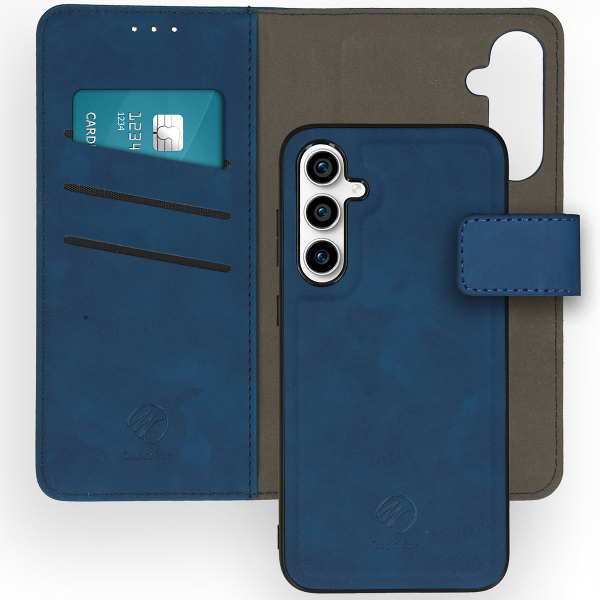Blauw telefoonhoesje met telefoon. De achtergrond is wit.