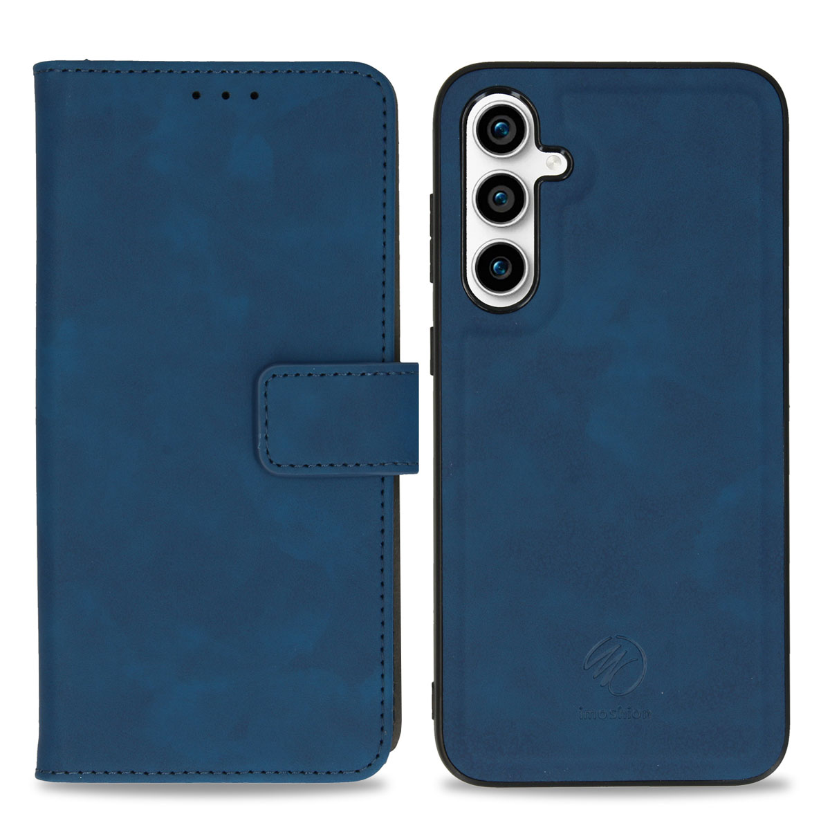 Blauwe leren telefoonhoes met een knoopsluiting en de telefoon erin.