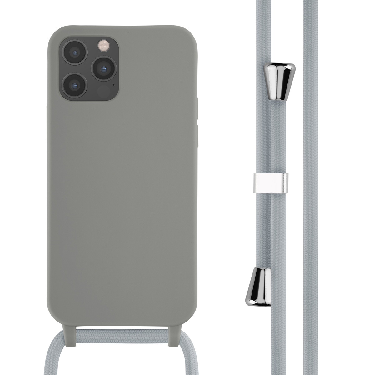 Coque de téléphone grise avec lanière grise et détails argentés.