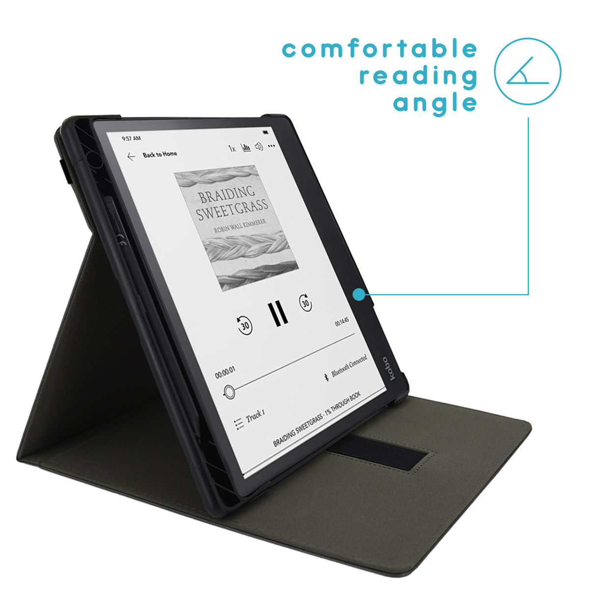 Zwarte e-reader in een hoes, met een boekpagina, schuin voor comfortabel lezen.