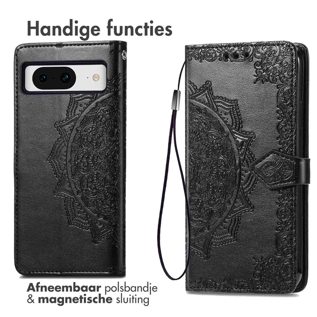Zwart telefoonhoesje met mandala-reliëf, polsband en magneetsluiting.
