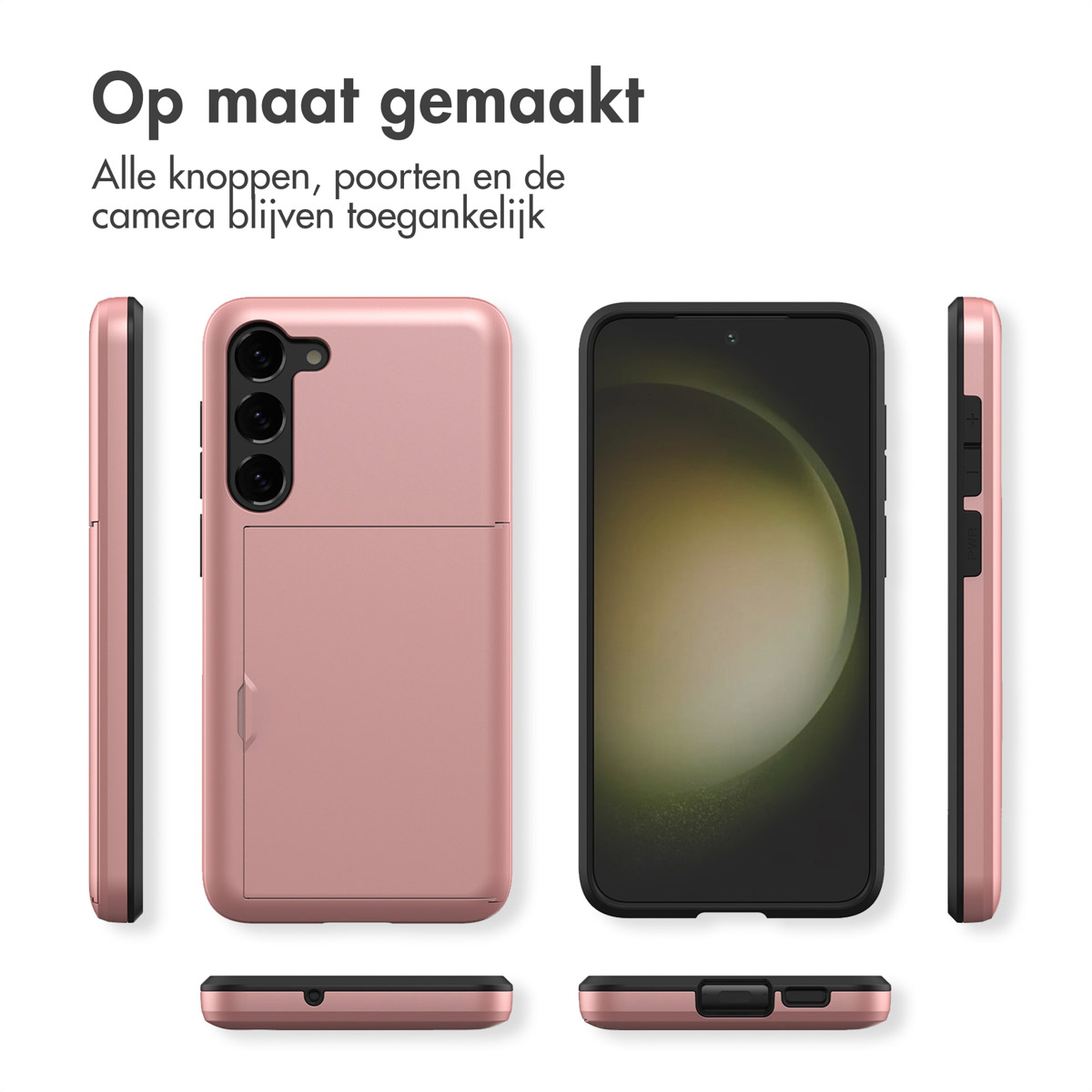 Roségouden telefoonhoes met kaartsleuf, voor-, achter- en zijaanzichten.