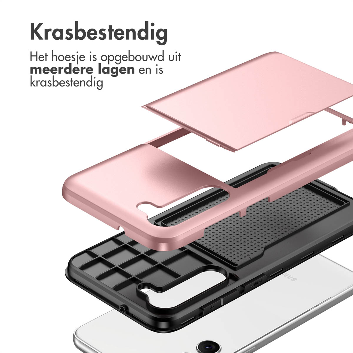 Exploded view van een roze telefoonhoesje met meerdere lagen.