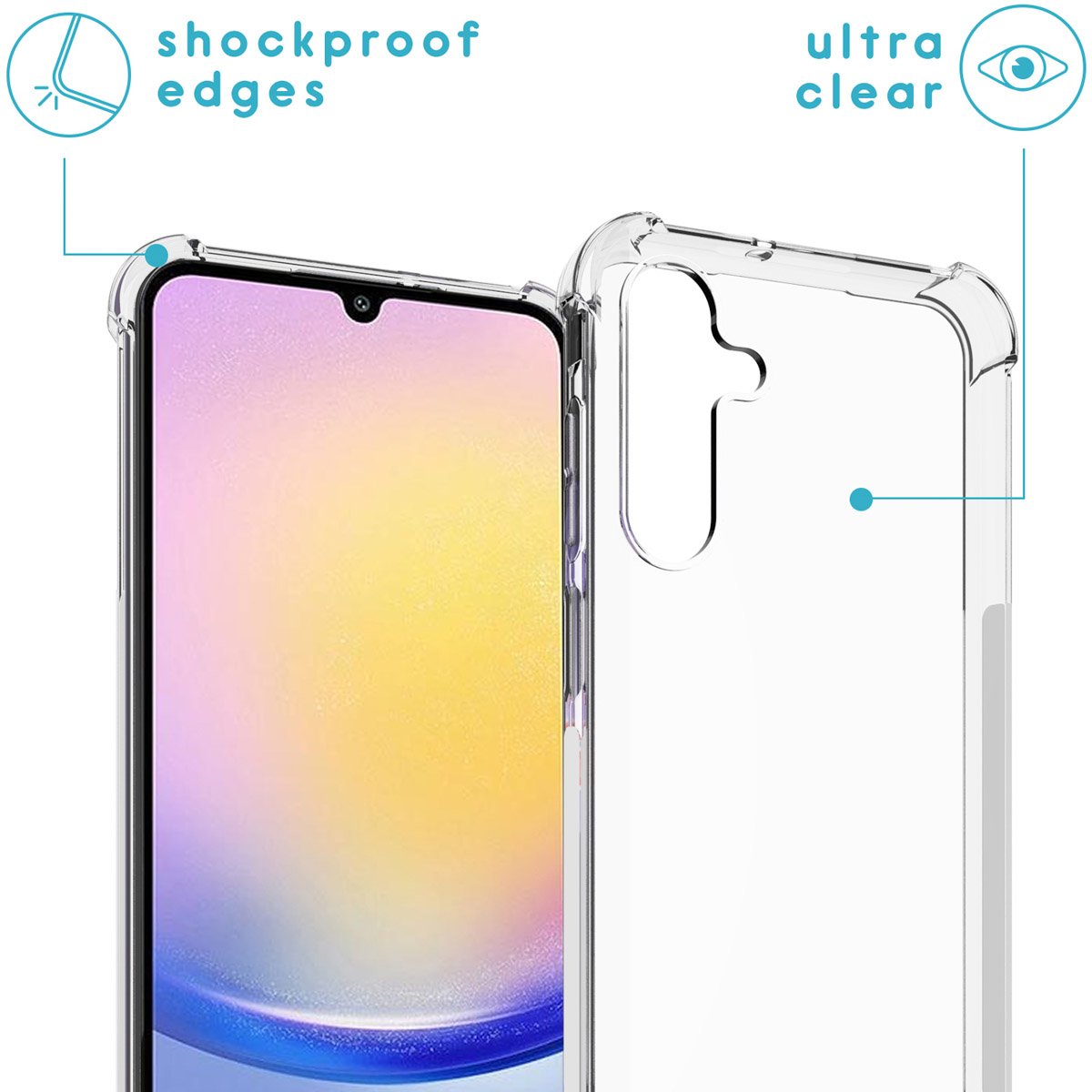 Gros plan d'un téléphone dans une coque transparente, soulignant les bords antichocs.