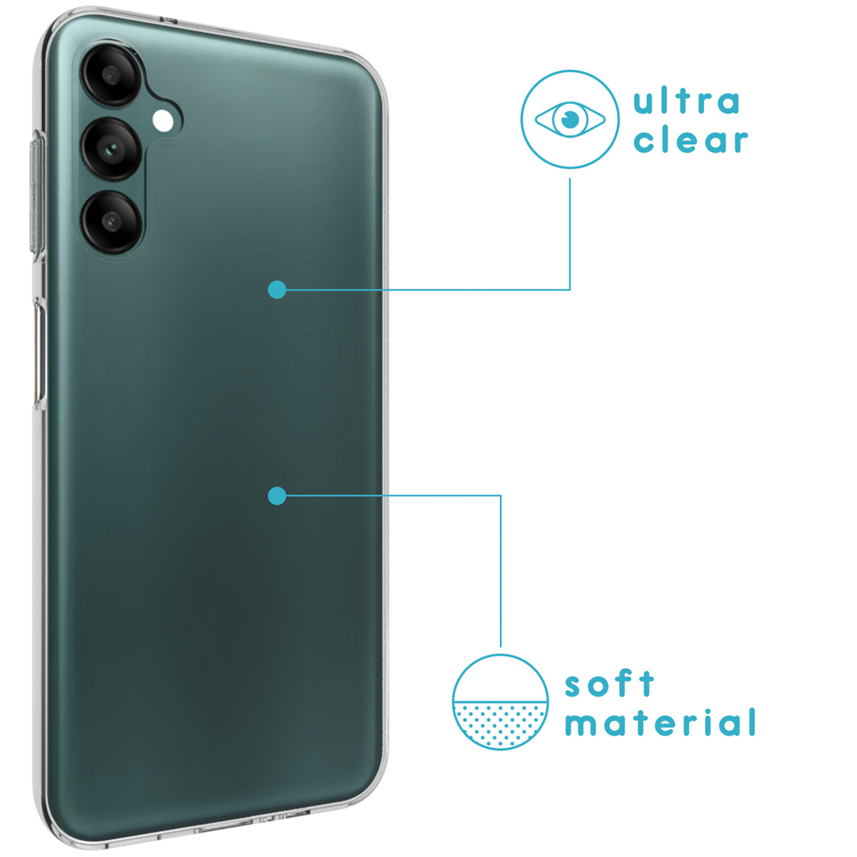 Coque transparente sur un smartphone vert foncé avec trois caméras.