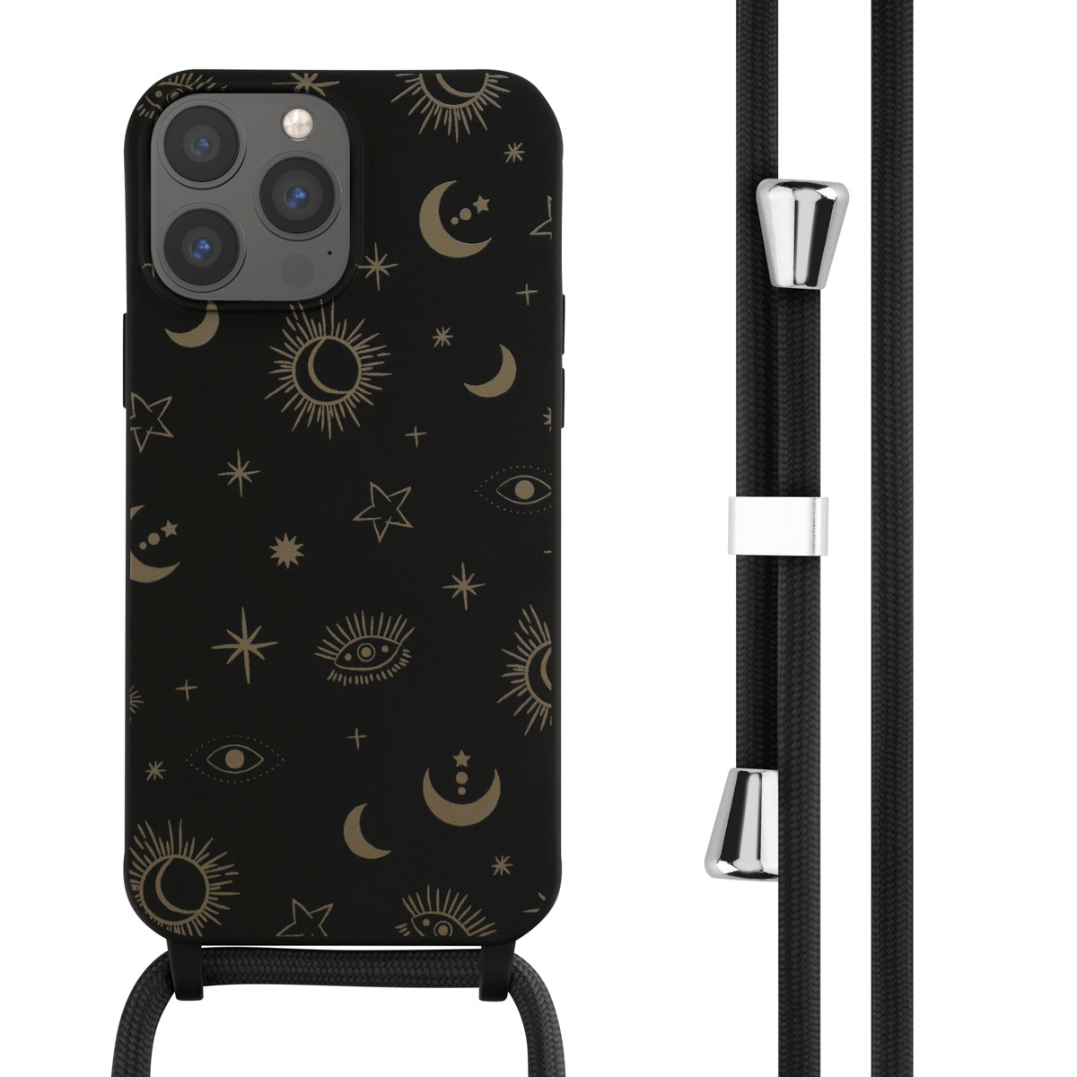 Zwarte telefoonhoes met een zon- en maanpatroon en een zwarte telefoonriem die naar beneden hangt.