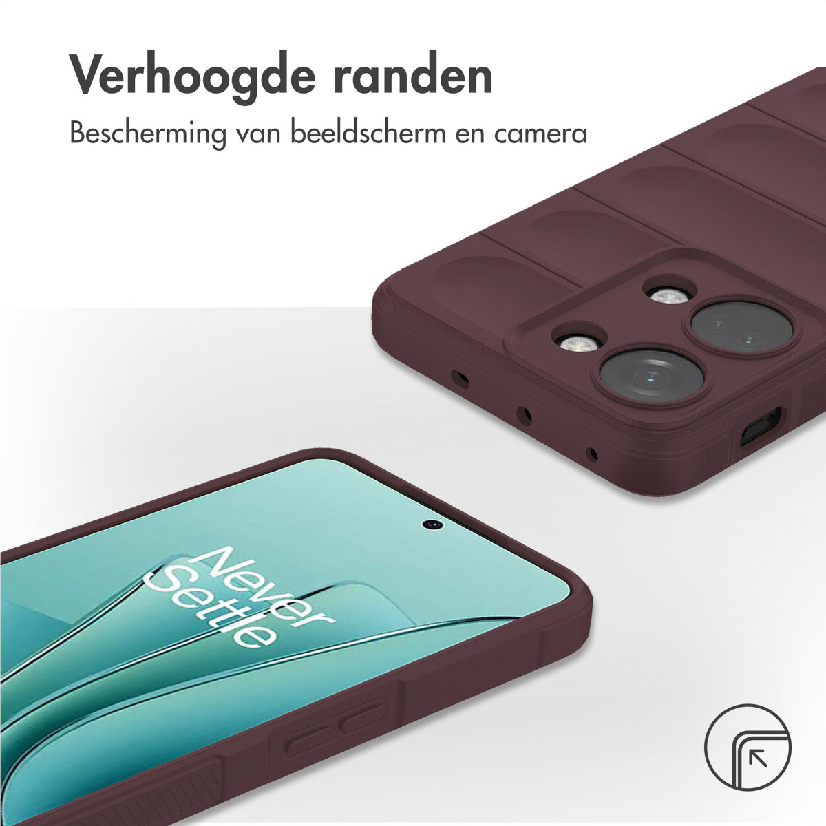 Una custodia per telefono rosso scuro con bordi rialzati protegge uno smartphone.