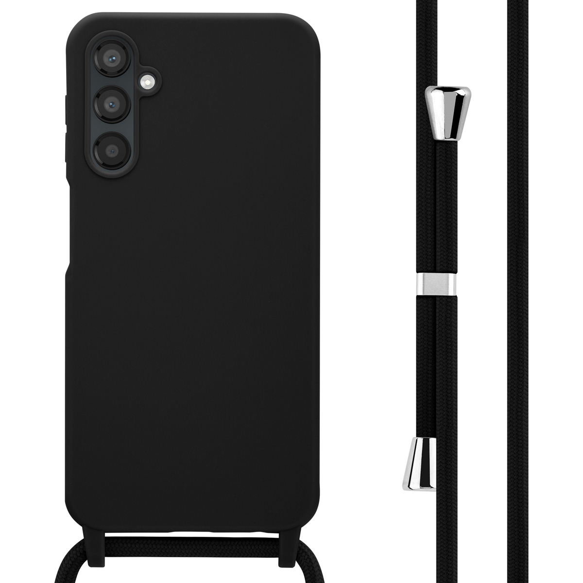 Coque de téléphone noire avec une corde noire. La corde a des accents argentés.