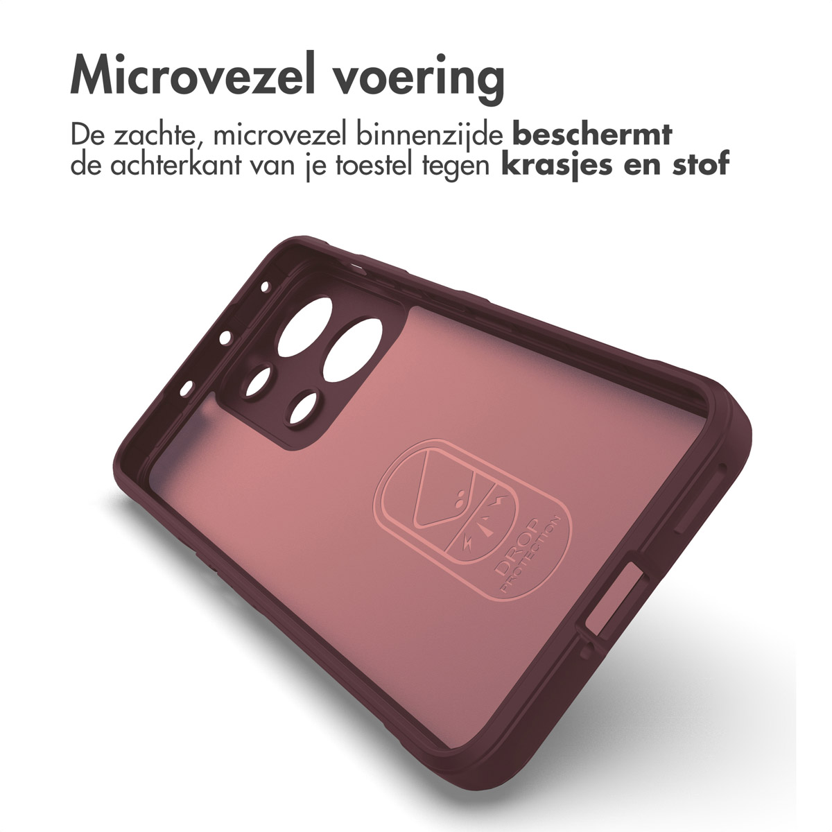 Custodia rossa scuro per telefono con fodera in microfibra e logo "DROP PROTECTION".