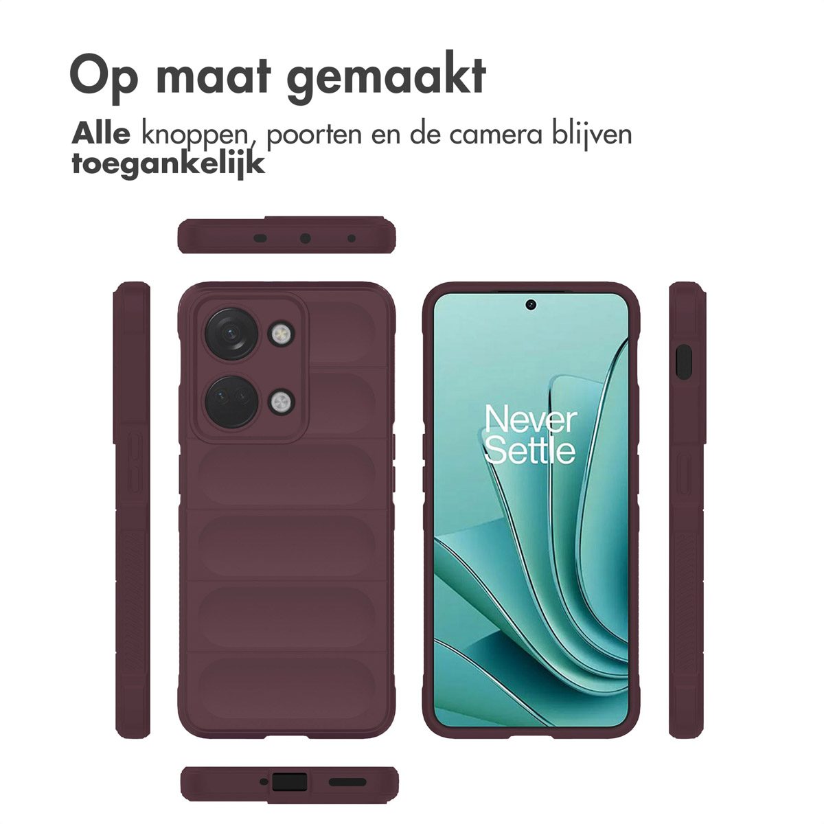 Custodia per telefono bordeaux mostrata da più angolazioni, una include il telefono.