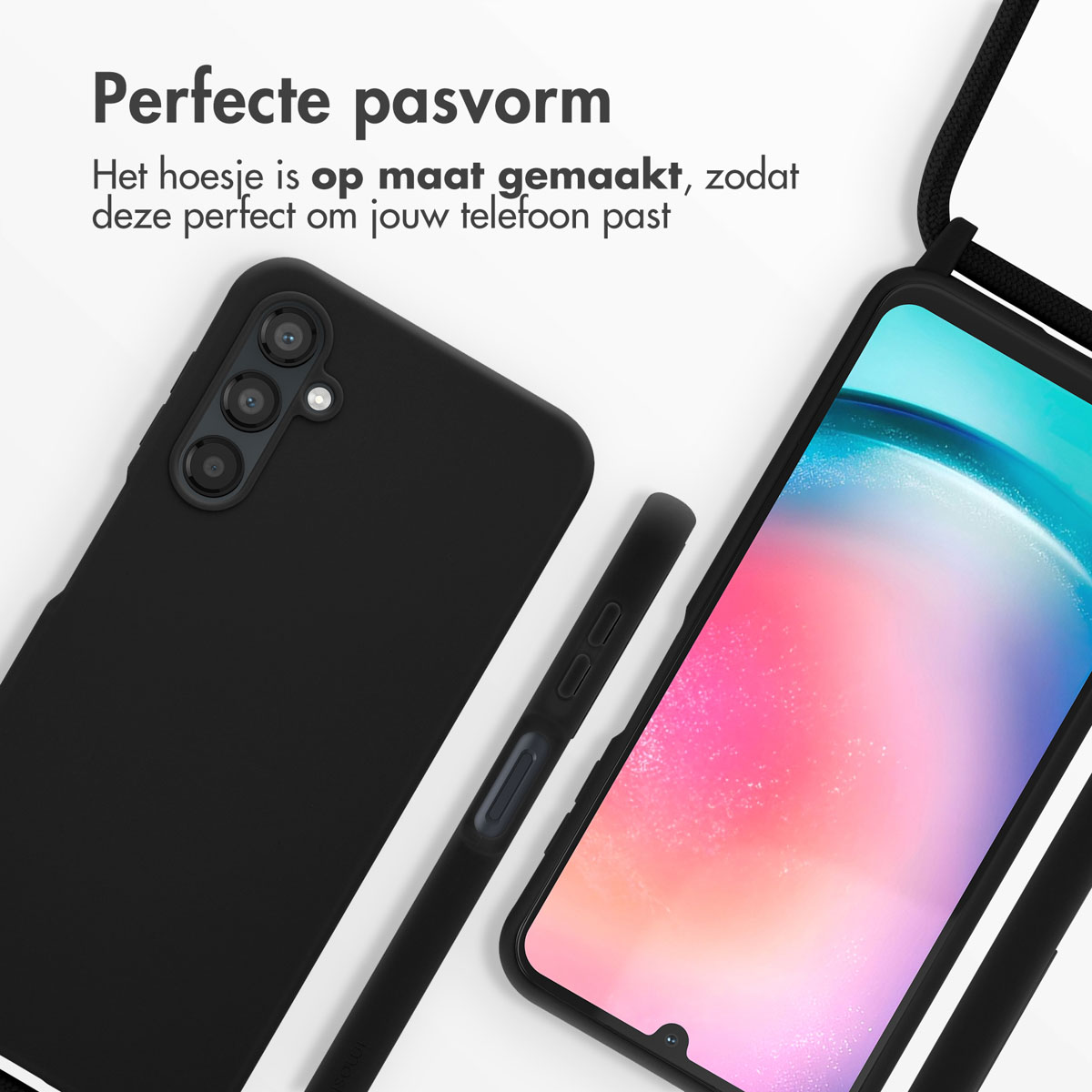 Coque de téléphone noire et téléphone avec lanière. Montre un ajustement parfait.