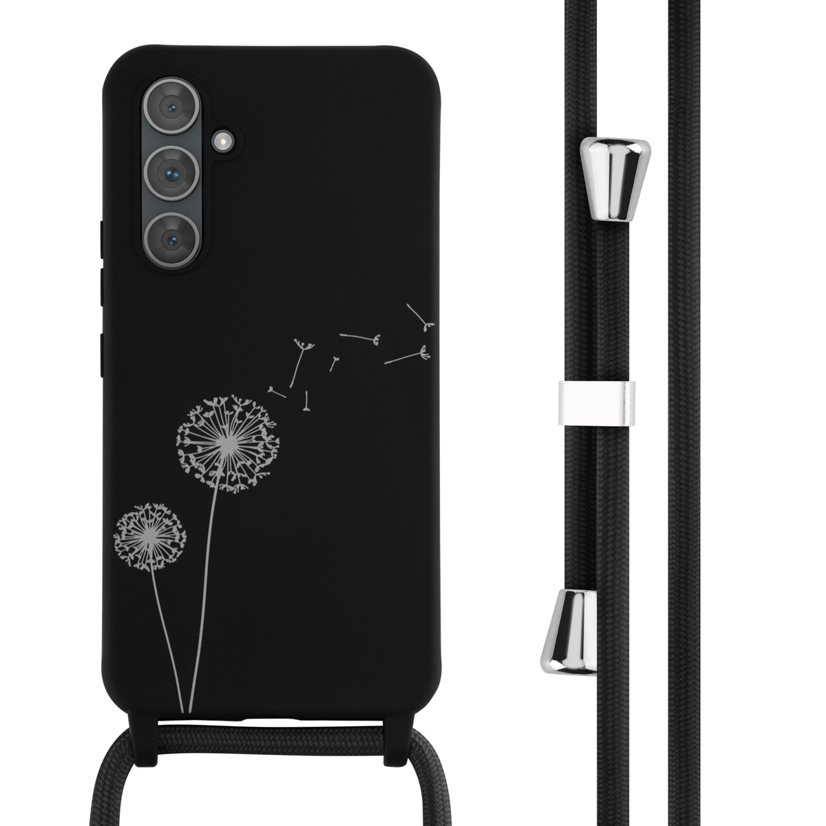 Zwart telefoonhoesje met een paardebloemsilhouet en een zwart koord.