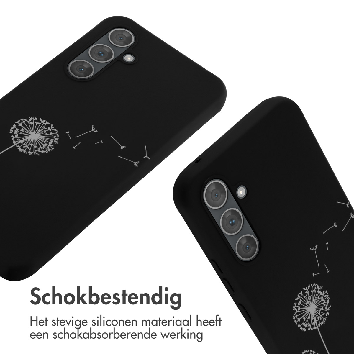 Zwarte telefoonhoesjes met paardenbloemmotief en cameragat.