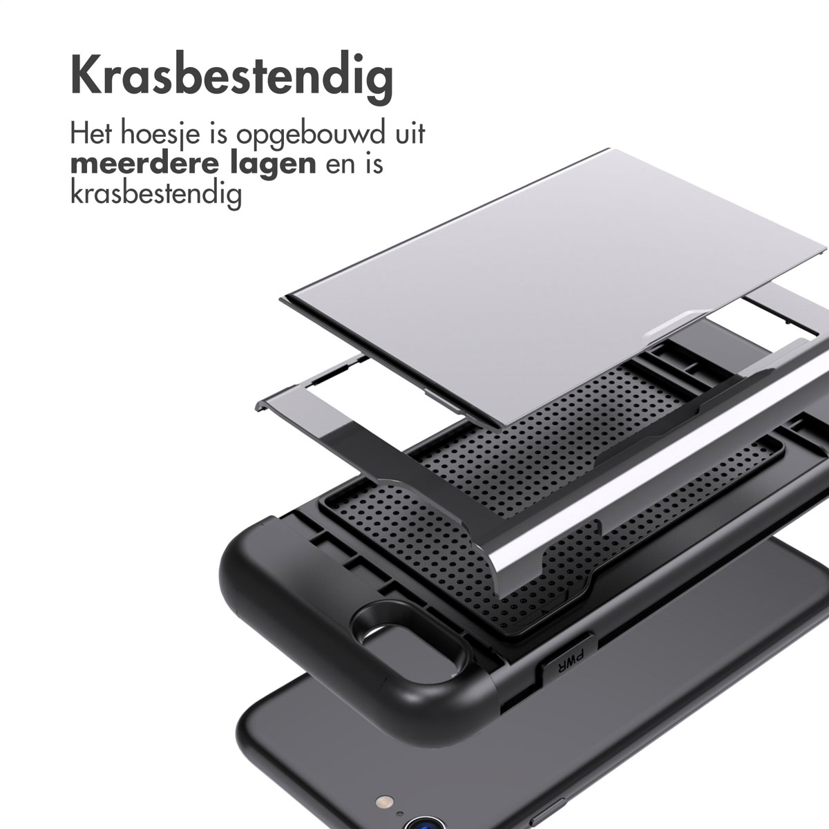 Telefoonhoescomponenten in lagen. Toont de interne structuur van de hoes.