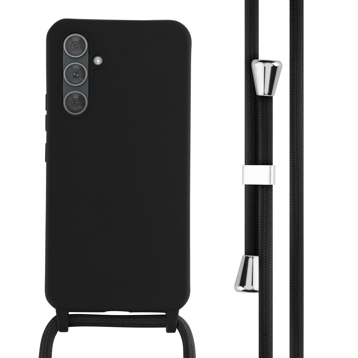 Zwarte telefoonhoes met een zwart koord. Hoes heeft 3 camera's. Het koord heeft metalen details.