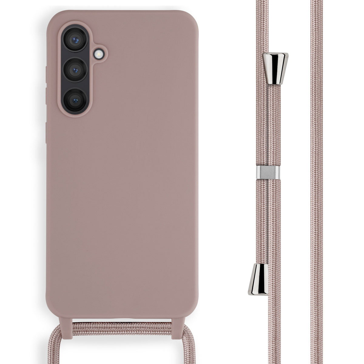 Mauve telefoonhoesje met bijpassend koord, met de camera van de telefoon.