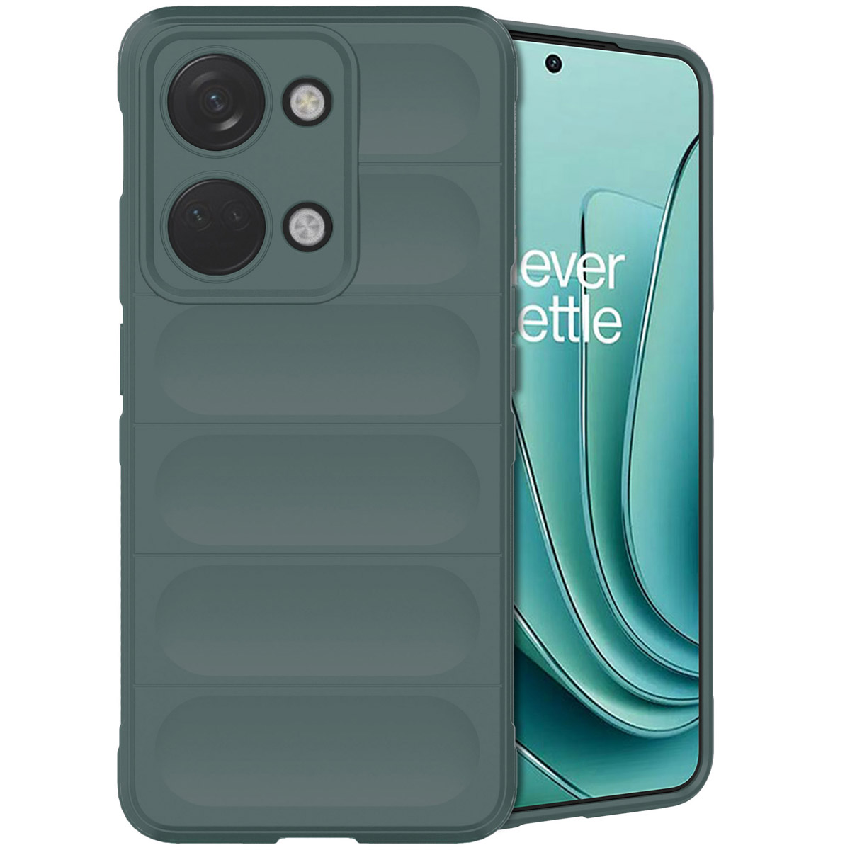 Custodia per telefono verde con un design unico. Il telefono è nella custodia. Area fotocamera nera.