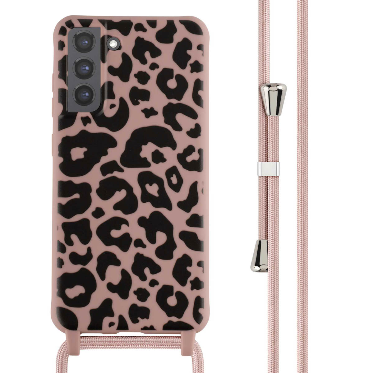 Roze telefoonhoesje met luipaardprint en een roze koord. De hoes heeft drie camera's.