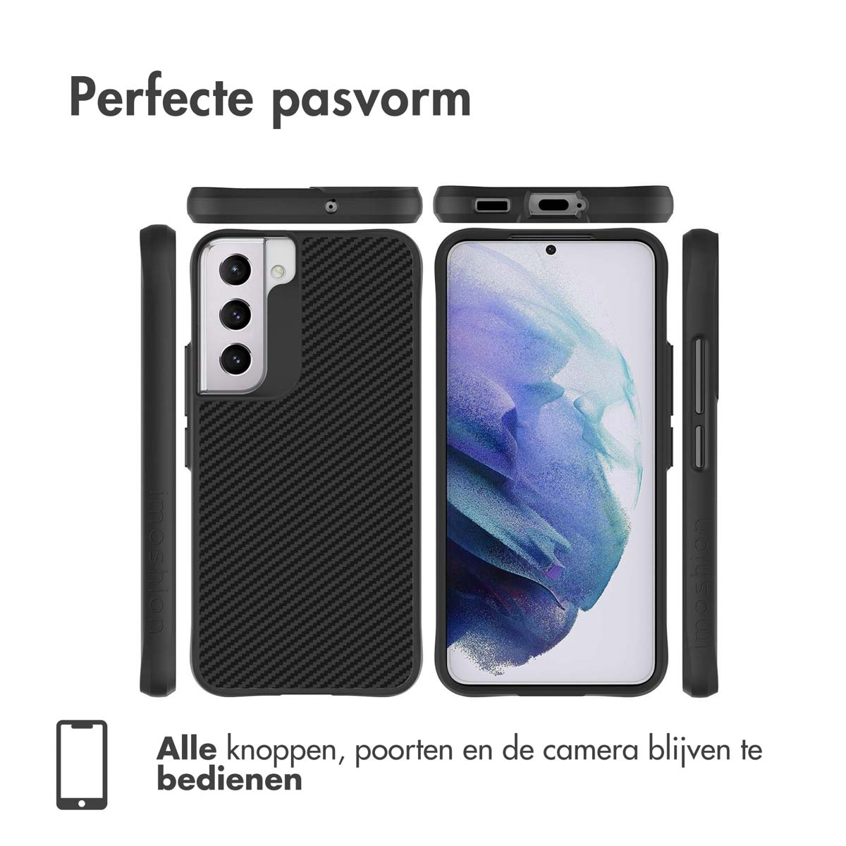 Zwarte telefoonhoes, meerdere weergaven. Witte achtergrond.