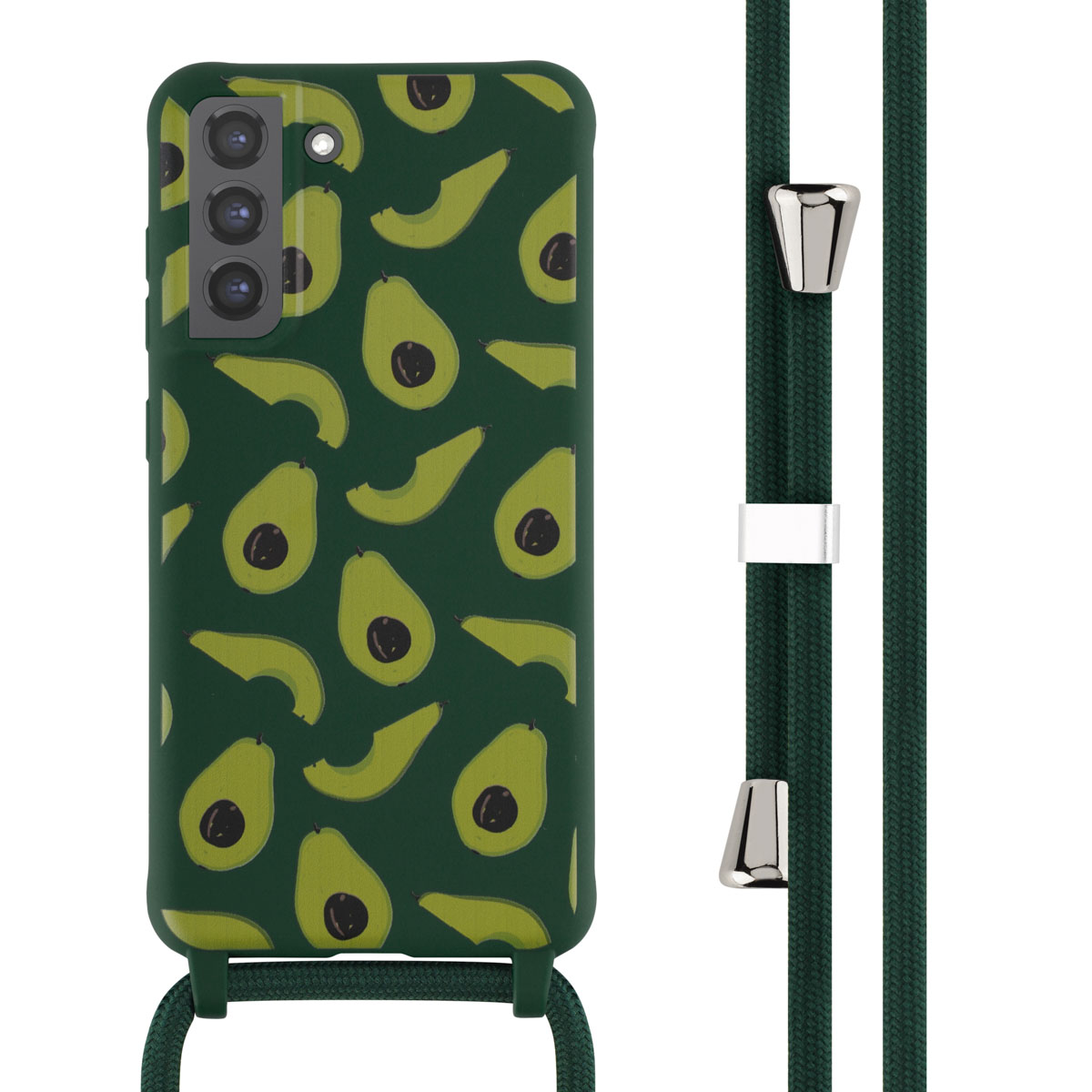 Groene telefoonhoes met avocadopatroon. De telefoon heeft een groen koord met zilveren hardware.