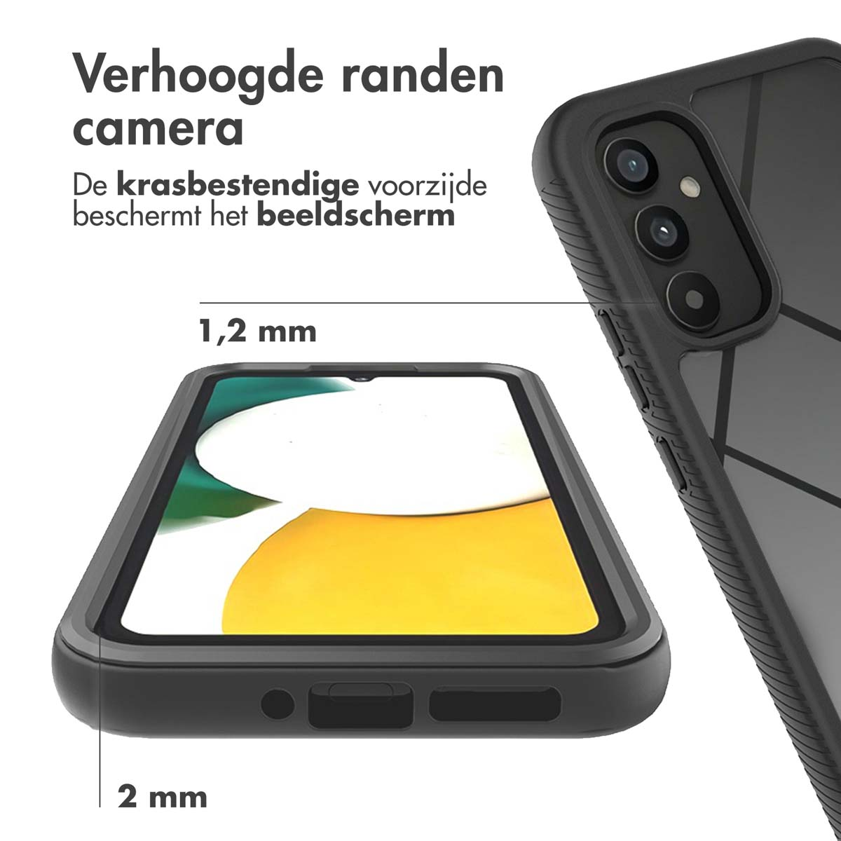 Coque de téléphone noire avec bords surélevés pour appareil photo et écran.