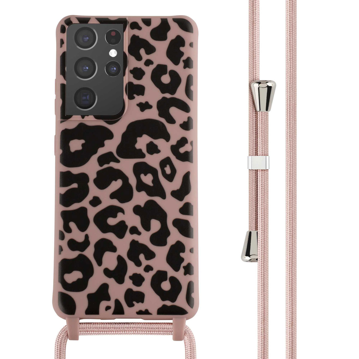 Telefoonhoesje met een luipaardprint en een koord. De hoes ligt naast een roze koord.