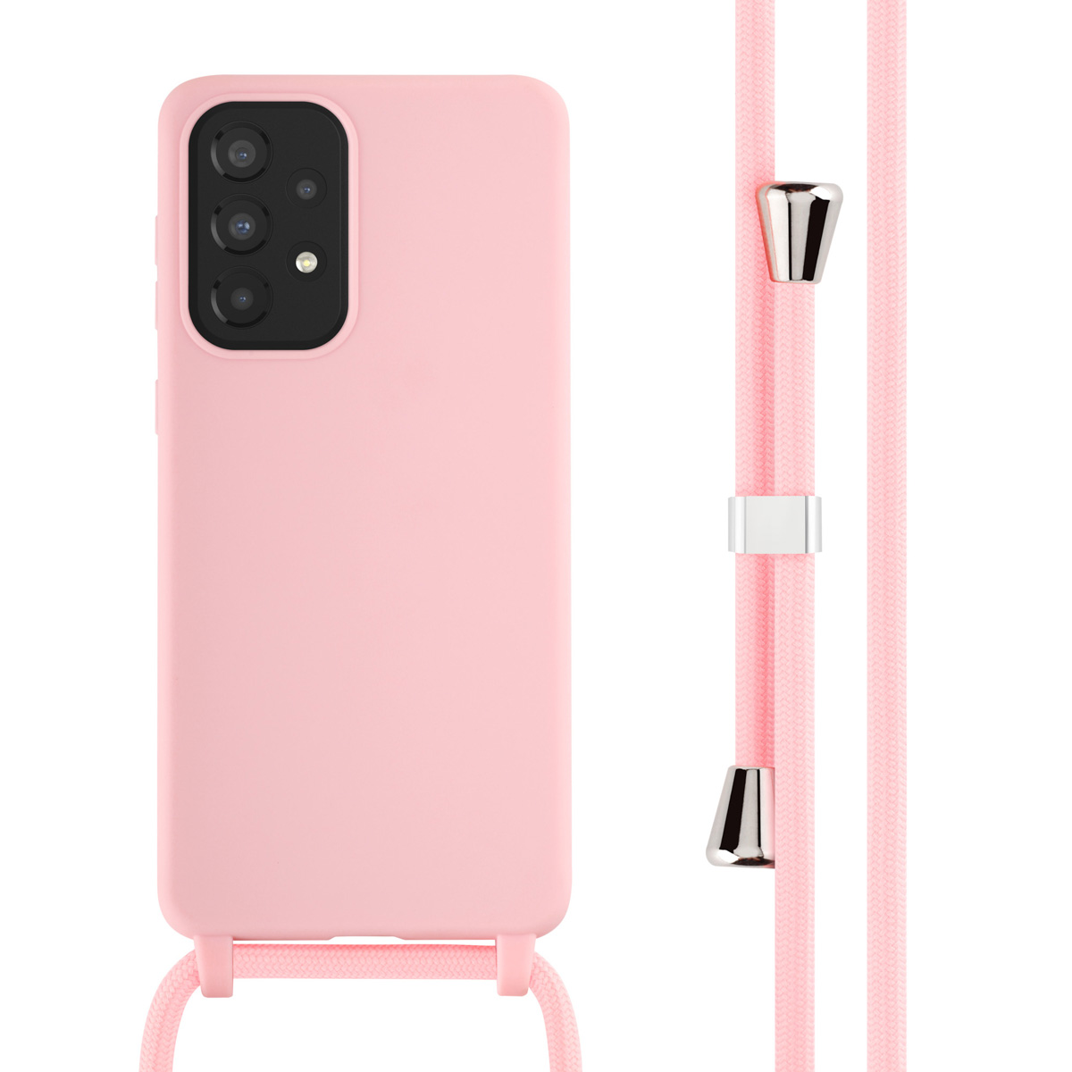 Coque de téléphone rose avec cordon. La coque a quatre lentilles.