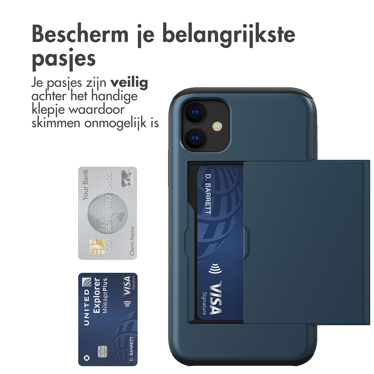 Een blauwe telefoonhoes met een kaarthouder. Twee kaarten liggen ernaast. De achtergrond is wit.