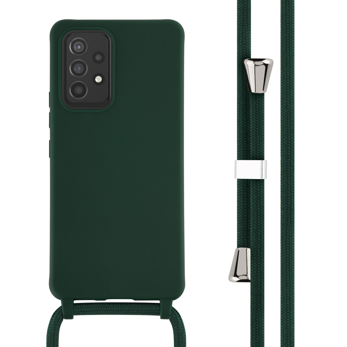 Coque de téléphone vert foncé avec une corde verte. La corde a des accents argentés.