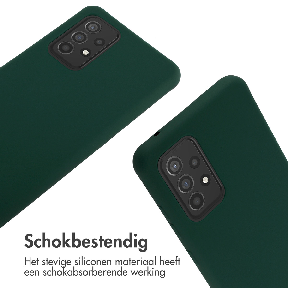 Deux coques de téléphone vert foncé avec modules photo sur fond blanc.