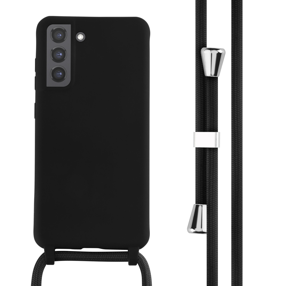 Zwarte telefoonhoes met koord. Telefoon heeft drie camera's.