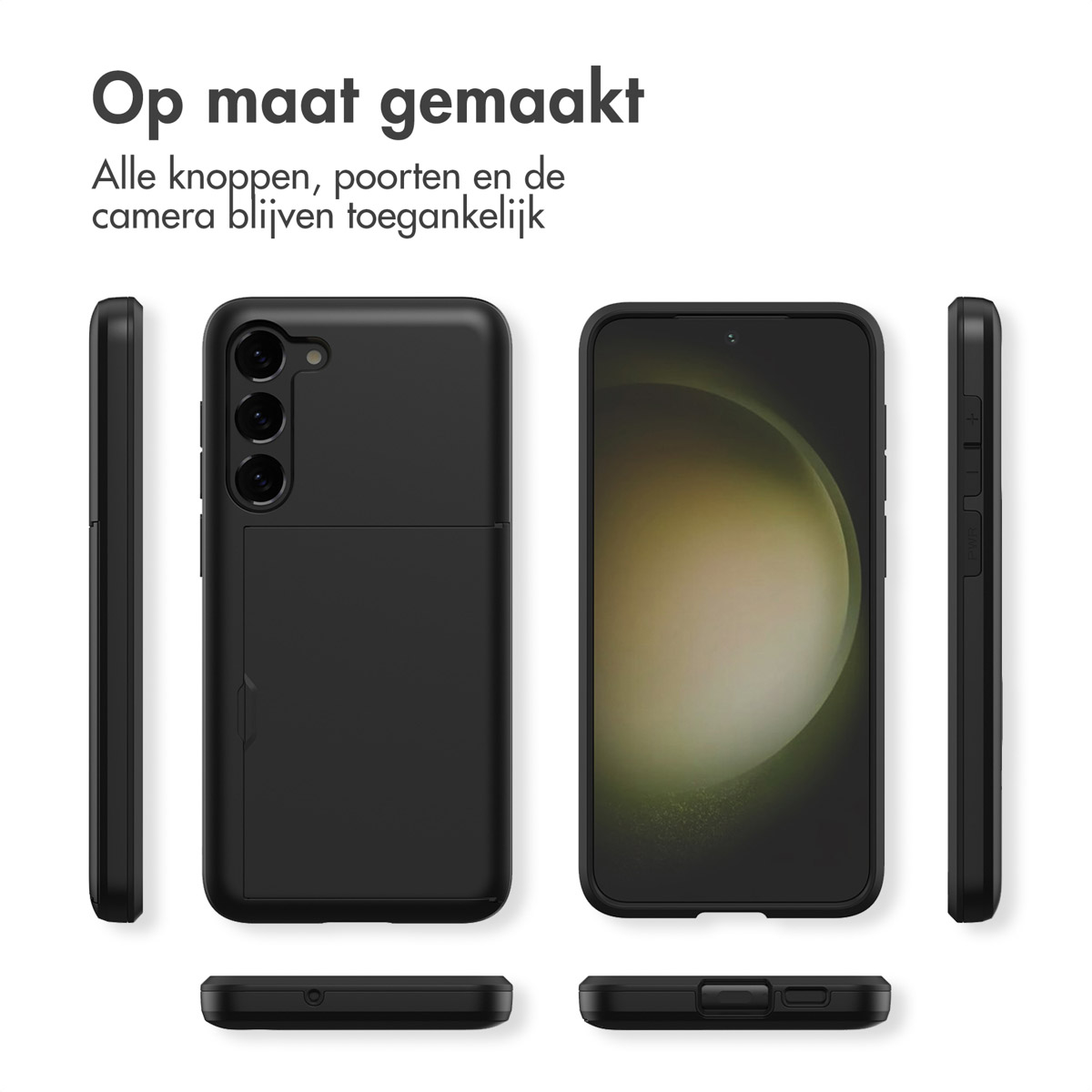 Coque de téléphone noire vue sous plusieurs angles, révélant boutons et ports.
