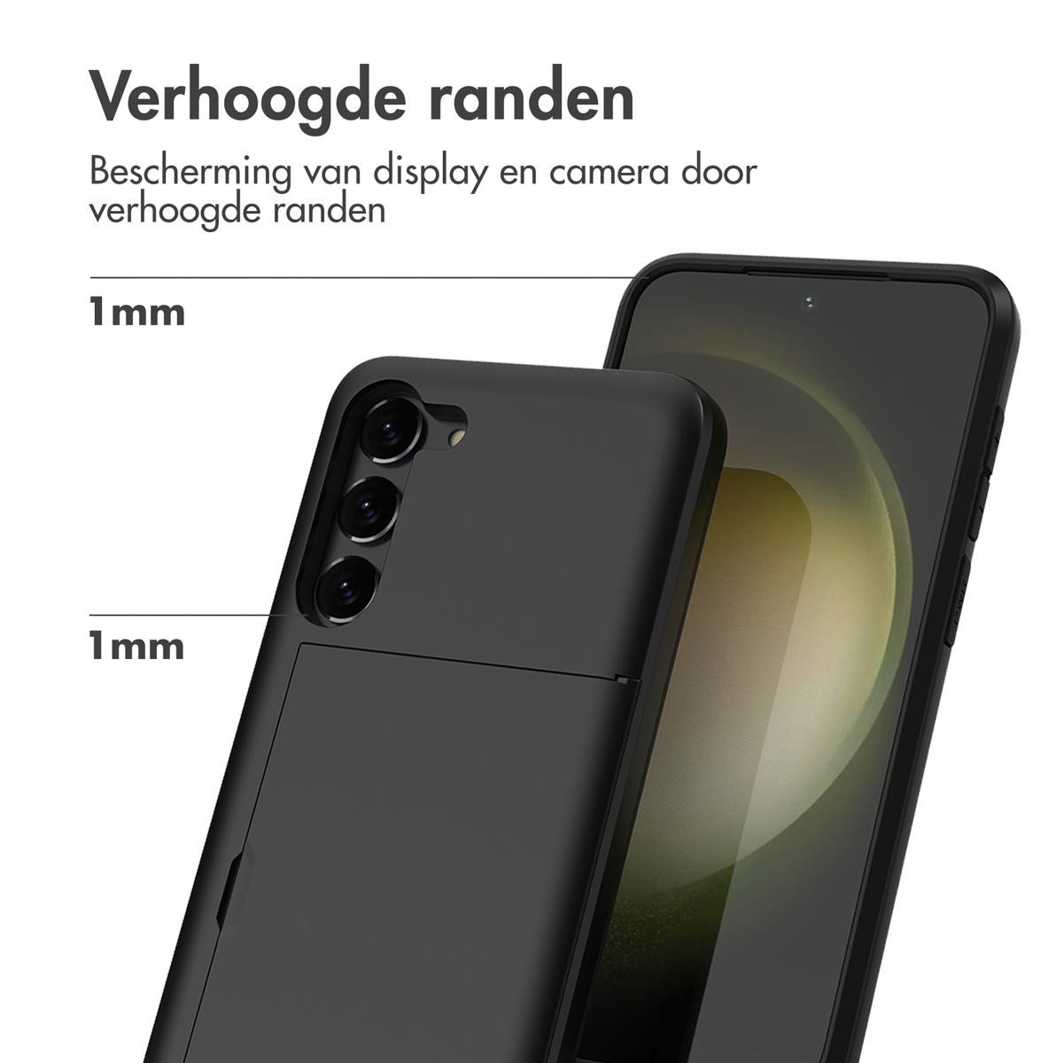 Coque de téléphone noire avec un téléphone noir à l'intérieur. Montre le côté avec les boutons. Fond blanc.