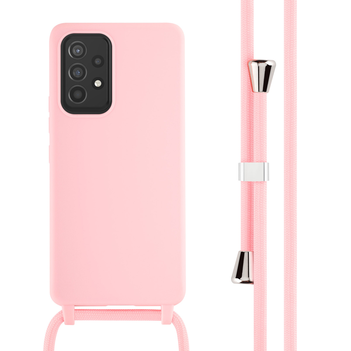 Coque de téléphone rose avec une corde rose. La corde a des accents argentés.