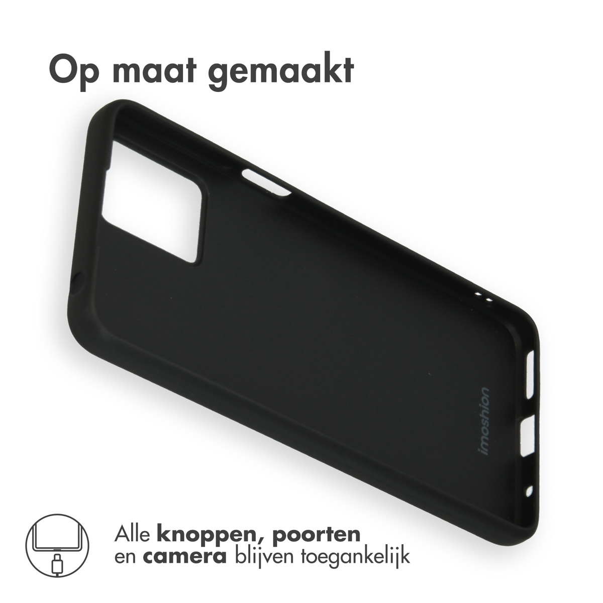 Coque de téléphone noire avec découpes pour appareil photo, boutons et ports.