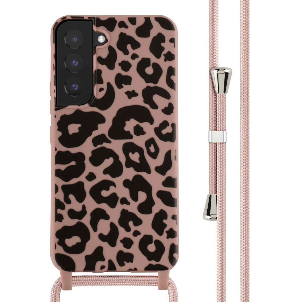 Roze telefoonhoes met luipaardprint en een roze touw. Zilveren details.