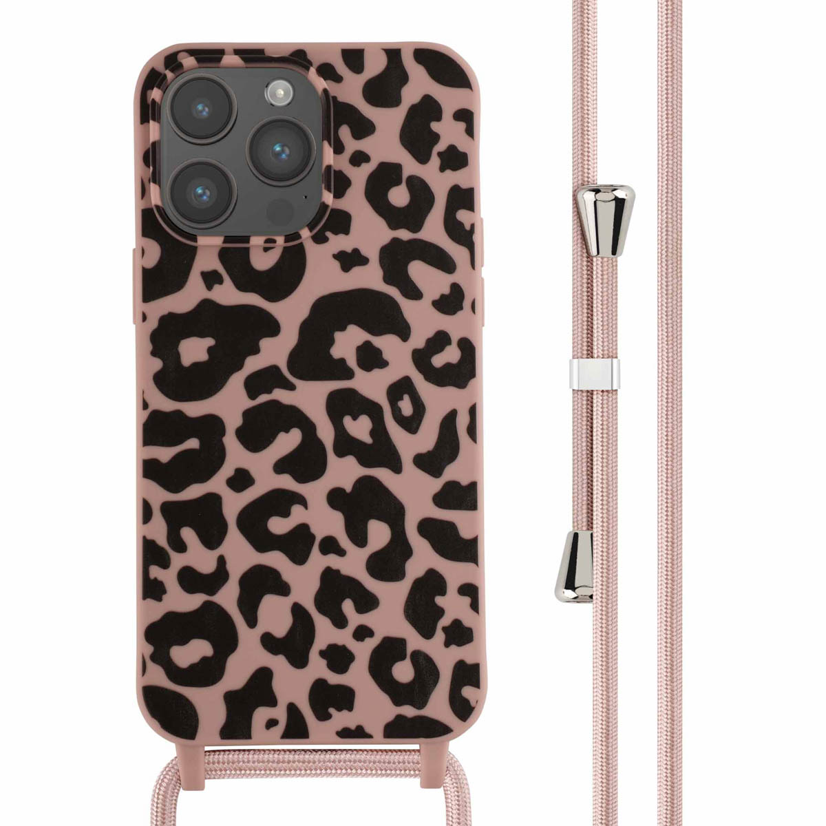 Coque de téléphone rose avec imprimé léopard et un cordon rose. Fond blanc.