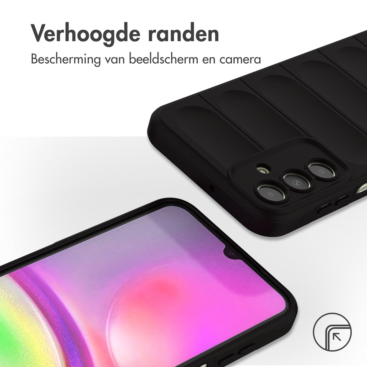 Coque de téléphone noire avec bords surélevés pour protéger écran et appareil photo.