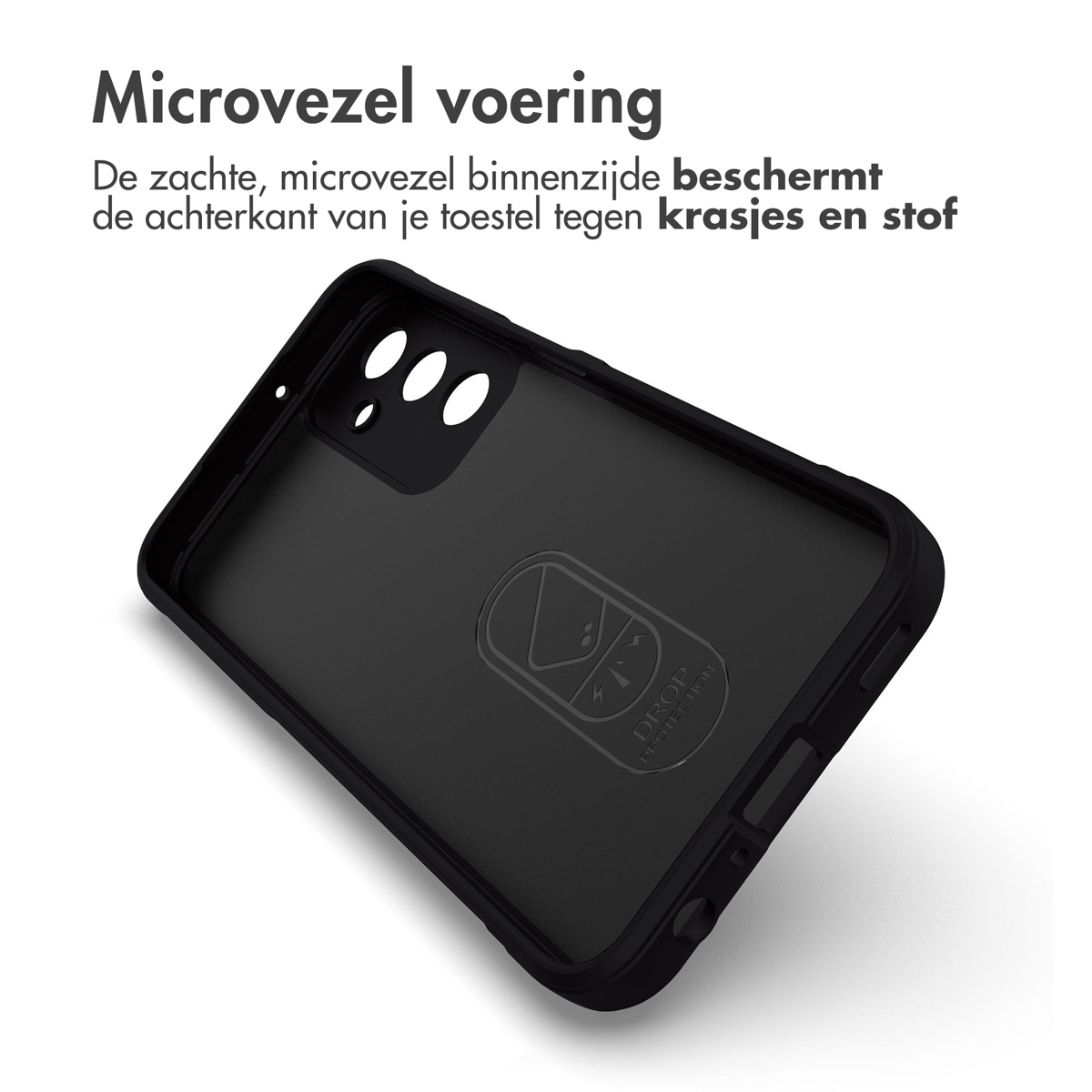 Coque de téléphone noire avec doublure microfibre et logo. Montre l'intérieur.