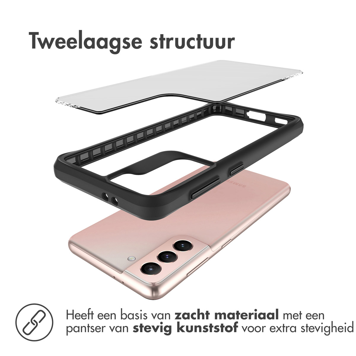 Een telefoonhoes met twee lagen, zwart frame en schermprotector.