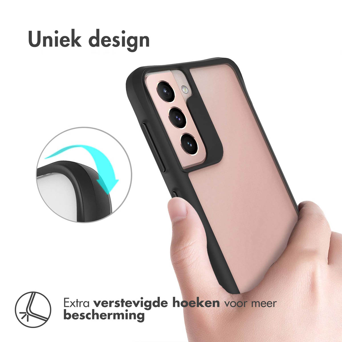 Een telefoon met een zwarte beschermhoes vastgehouden door een hand. Uniek design.