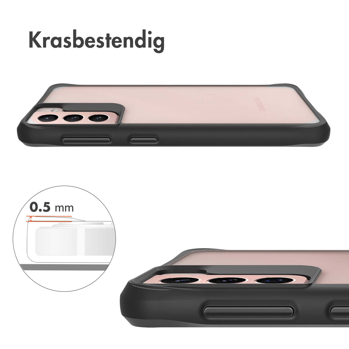 Zwarte telefoonhoes toont 0,5 mm dik ontwerp naast camera's.