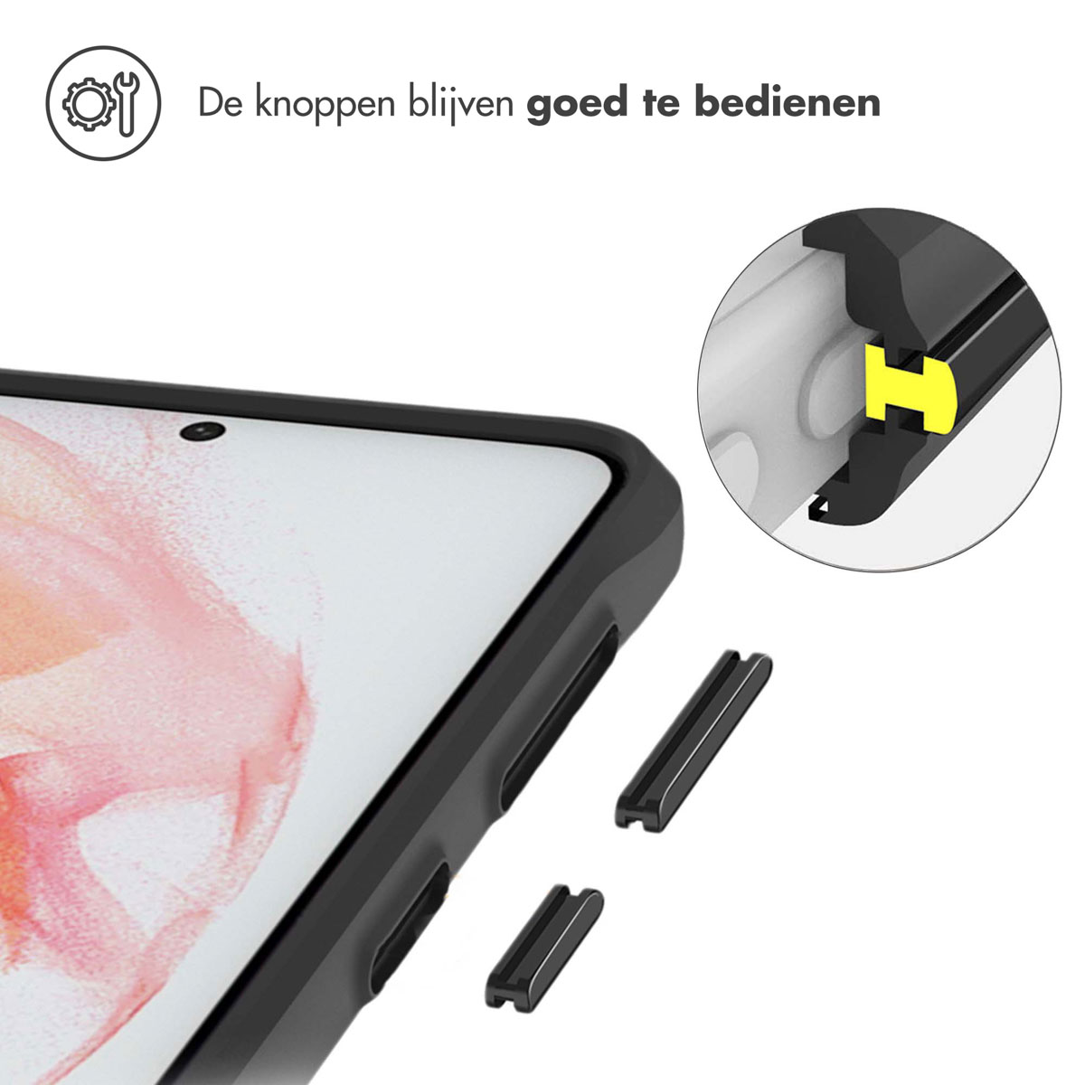 Zwarte telefoonhoes met een telefoon, zijaanzicht van de knoppen. Witte achtergrond.