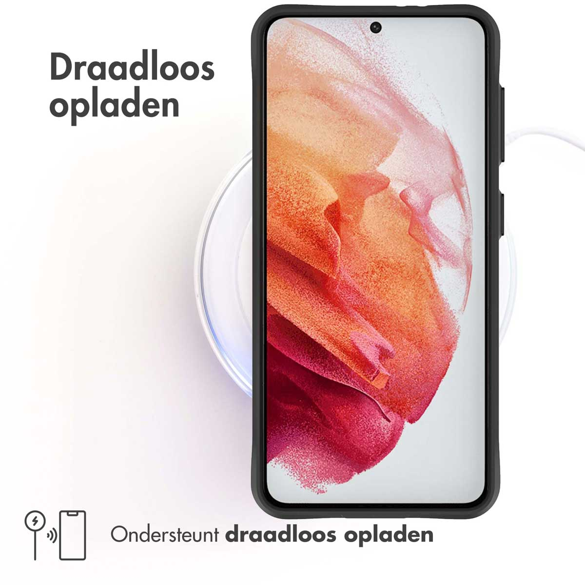 Een zwarte telefoon wordt draadloos opgeladen op een witte basis. Tekst zegt 'Draadloos opladen'.