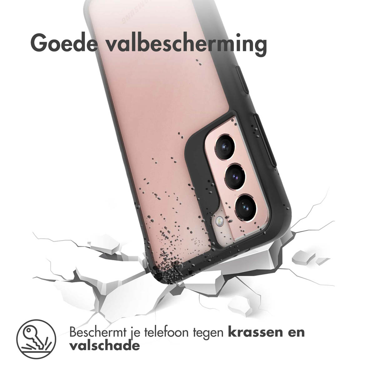 Een smartphone valt en wordt beschermd door een zwarte beschermhoes.