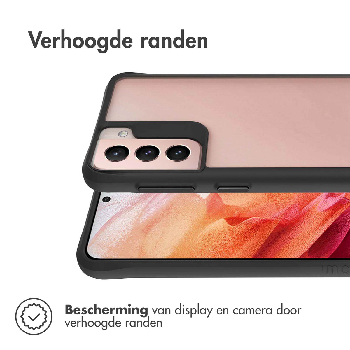 Telefoonhoesje met verhoogde randen die het scherm en de camera beschermen. De telefoon zit erin.