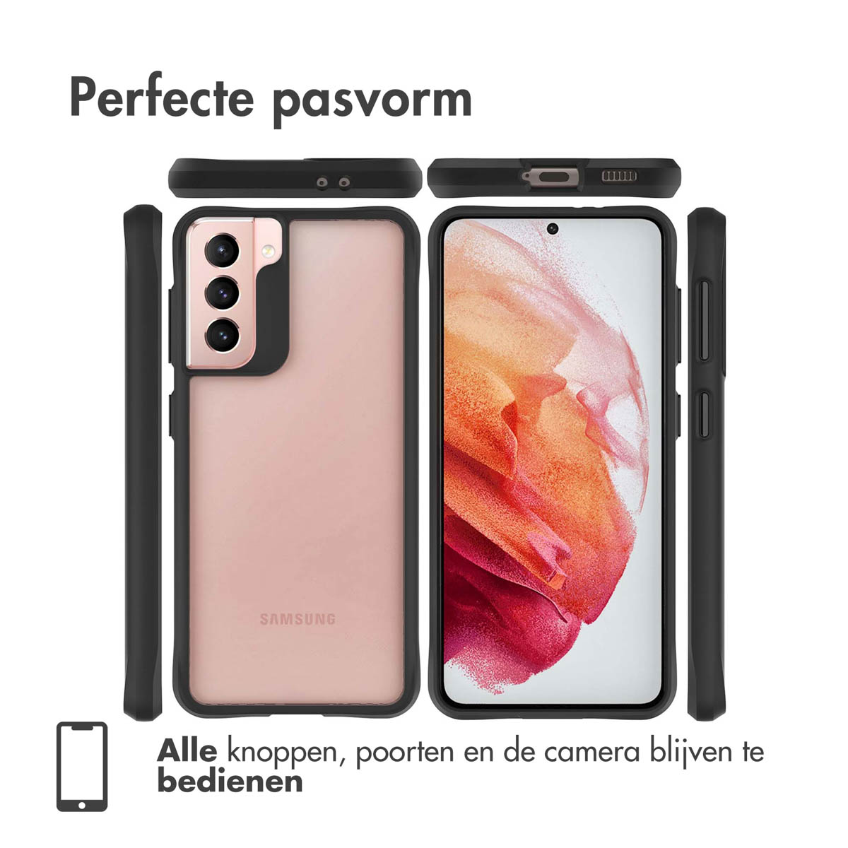 Zwarte telefoonhoes toont perfecte pasvorm voor Samsung telefoon.