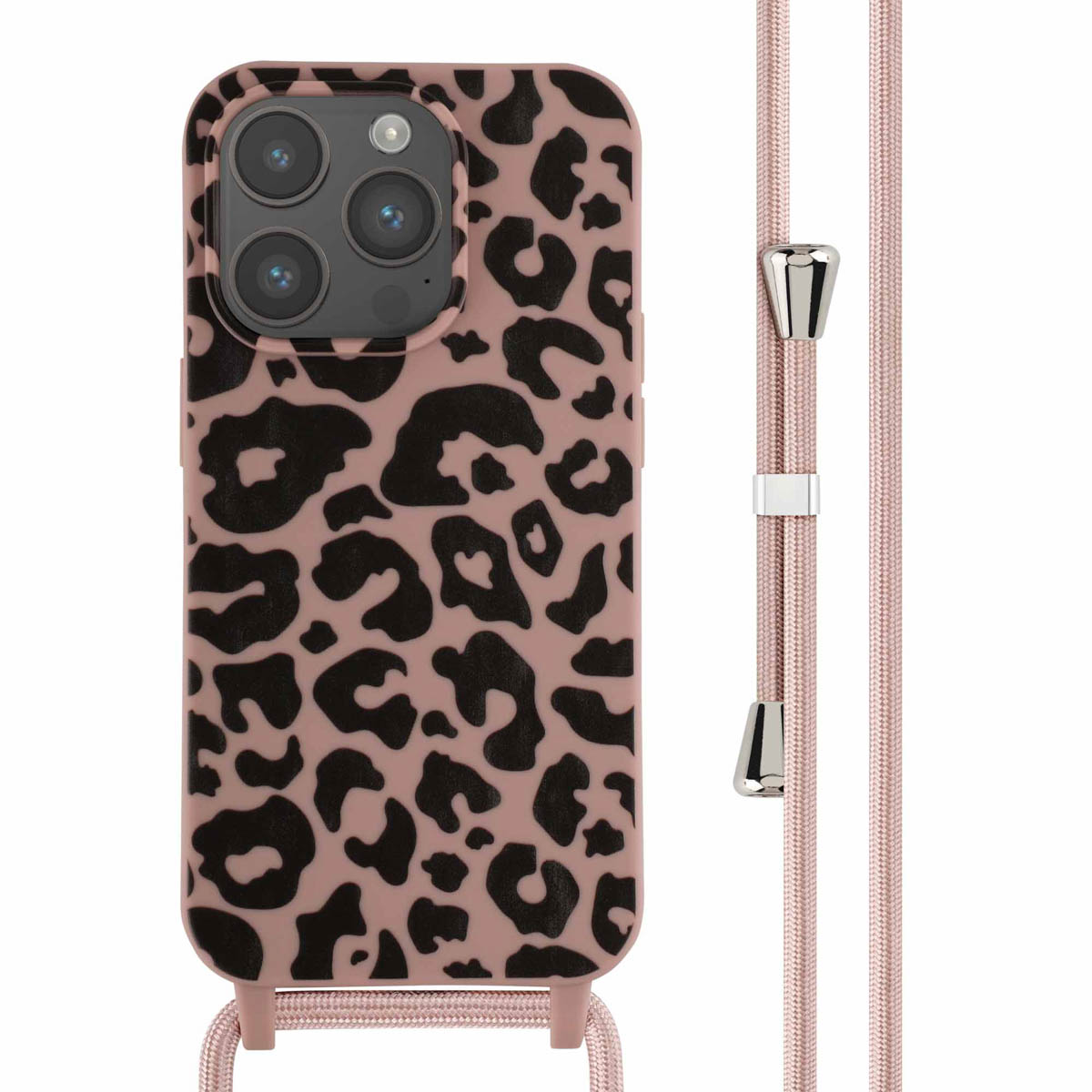 Roze telefoonhoesje met een zwarte luipaardprint en een roze band. De band heeft zilverkleurige details.