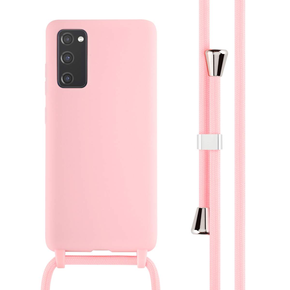 Une coque de téléphone rose avec une sangle rose pendante. Fond blanc.