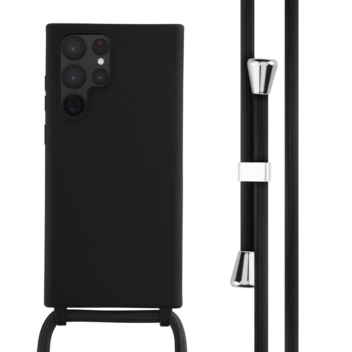Coque de téléphone noire avec une corde noire. Accents argentés sur la corde. Fond blanc.